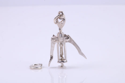 Wine Bottle Opener Charm, Traditional Charm, Made from Solid 925 Grade Sterling Silver, Complete with Attachment Link