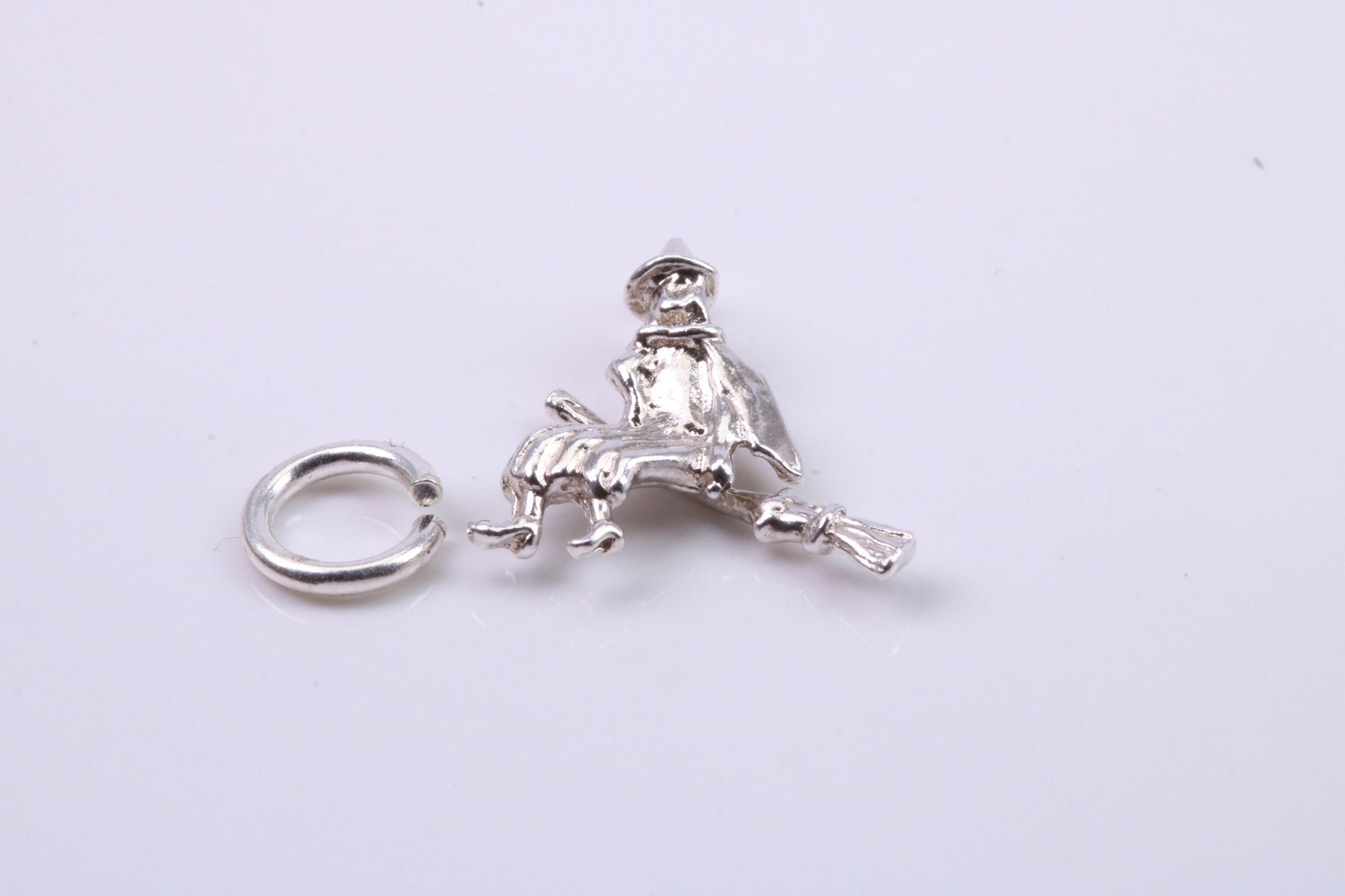 Witch on Broom Stick Charm, Traditional Charm, Made from Solid 925 Grade Sterling Silver, Complete with Attachment Link