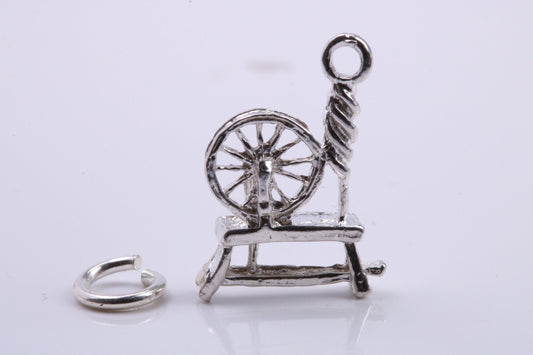 Yarn Spinning Wheel Charm, Traditional Charm, Made from Solid 925 Grade Sterling Silver, Complete with Attachment Link