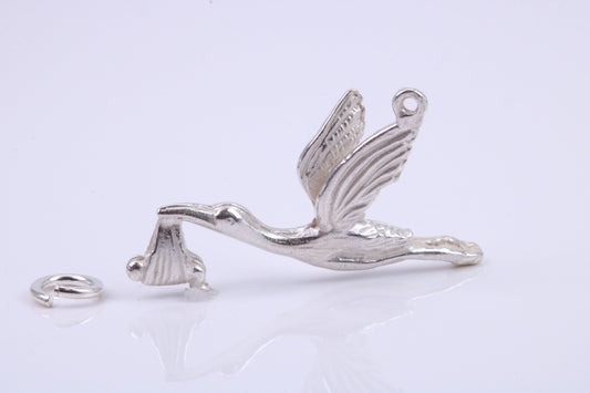 Flying Stork Delivering Baby Charm, Traditional Charm, Made from Solid 925 Grade Sterling Silver, Complete with Attachment Link