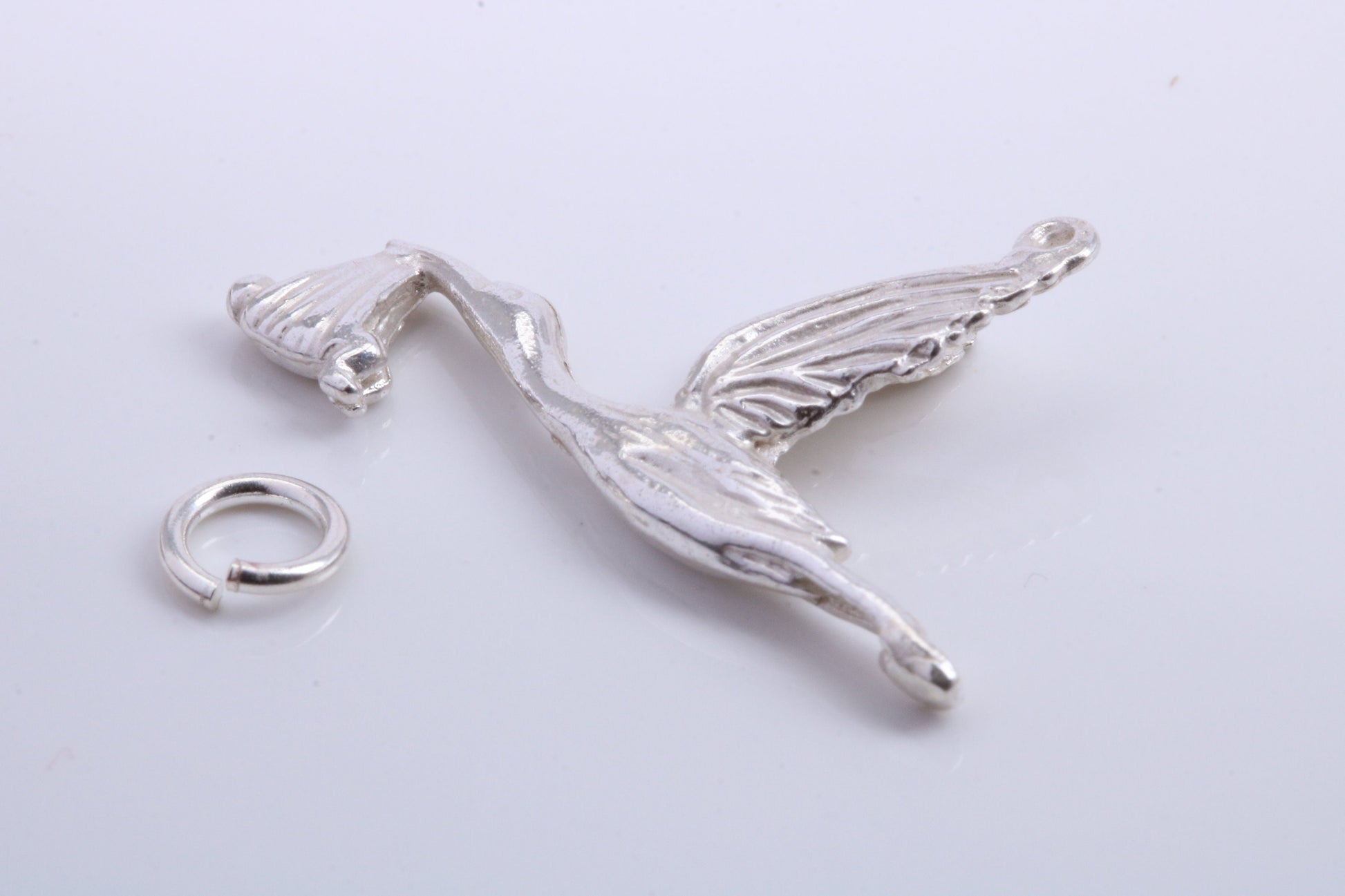 Flying Stork Delivering Baby Charm, Traditional Charm, Made from Solid 925 Grade Sterling Silver, Complete with Attachment Link