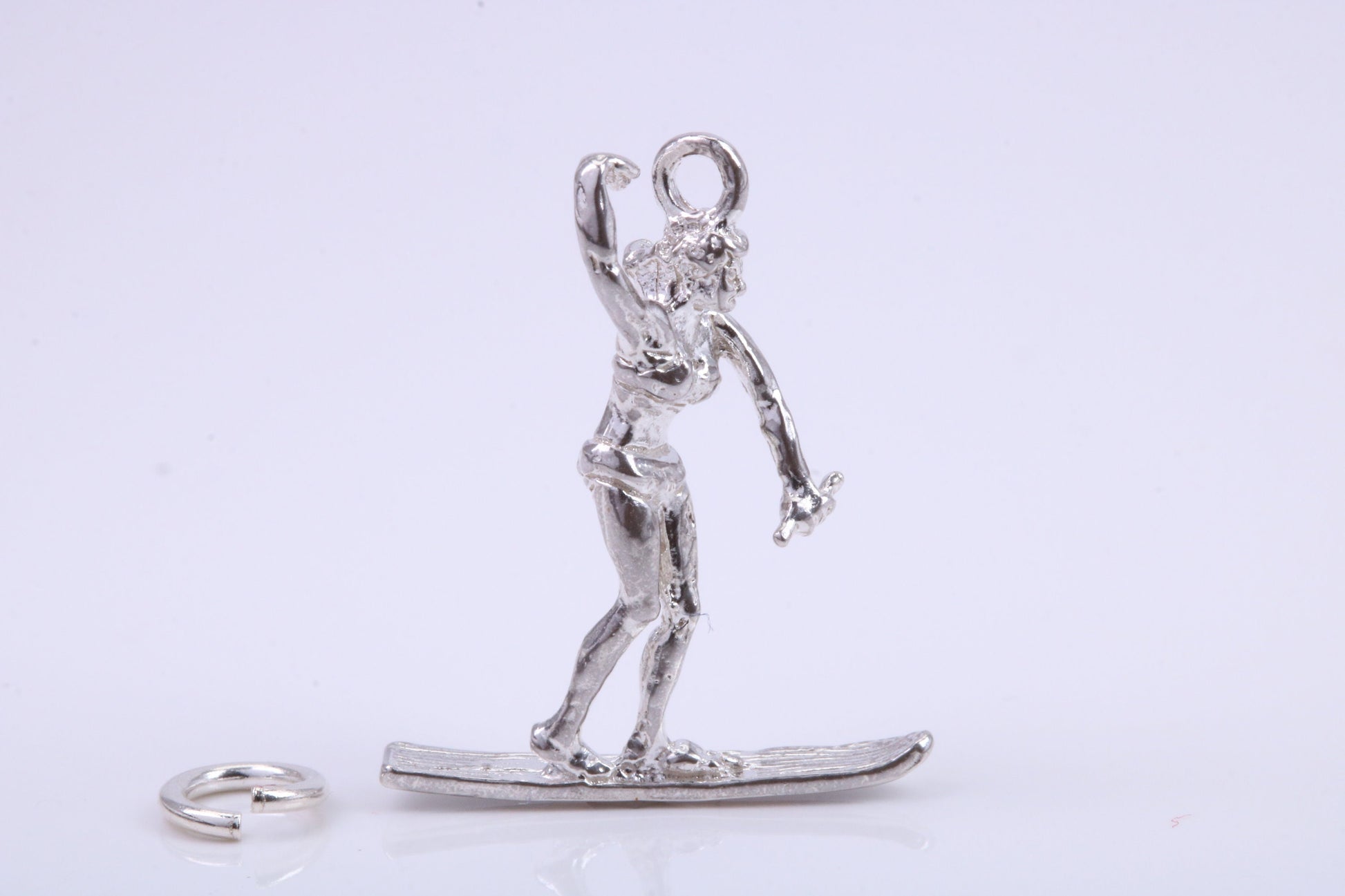 Girl Water Skiing Charm, Traditional Charm, Made from Solid 925 Grade Sterling Silver, Complete with Attachment Link