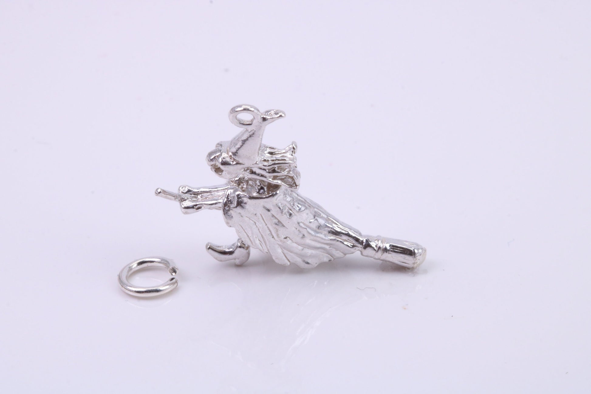 Witch on Broom Stick Charm, Traditional Charm, Made from Solid 925 Grade Sterling Silver, Complete with Attachment Link