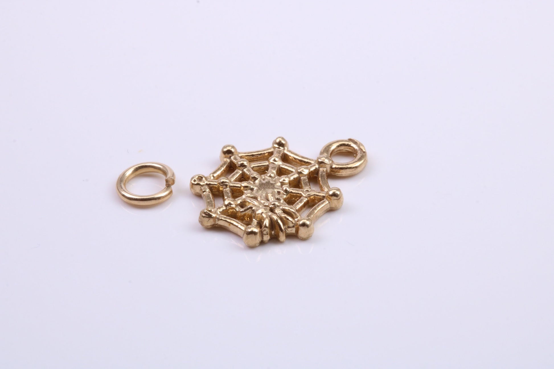 Spider in Web Charm, Traditional Charm, Made from Solid 9ct Yellow Gold, British Hallmarked, Complete with Attachment Link