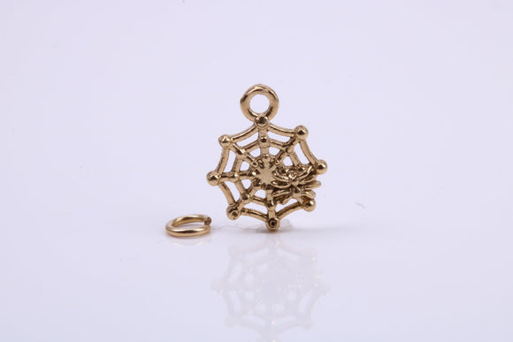 Spider in Web Charm, Traditional Charm, Made from Solid 9ct Yellow Gold, British Hallmarked, Complete with Attachment Link