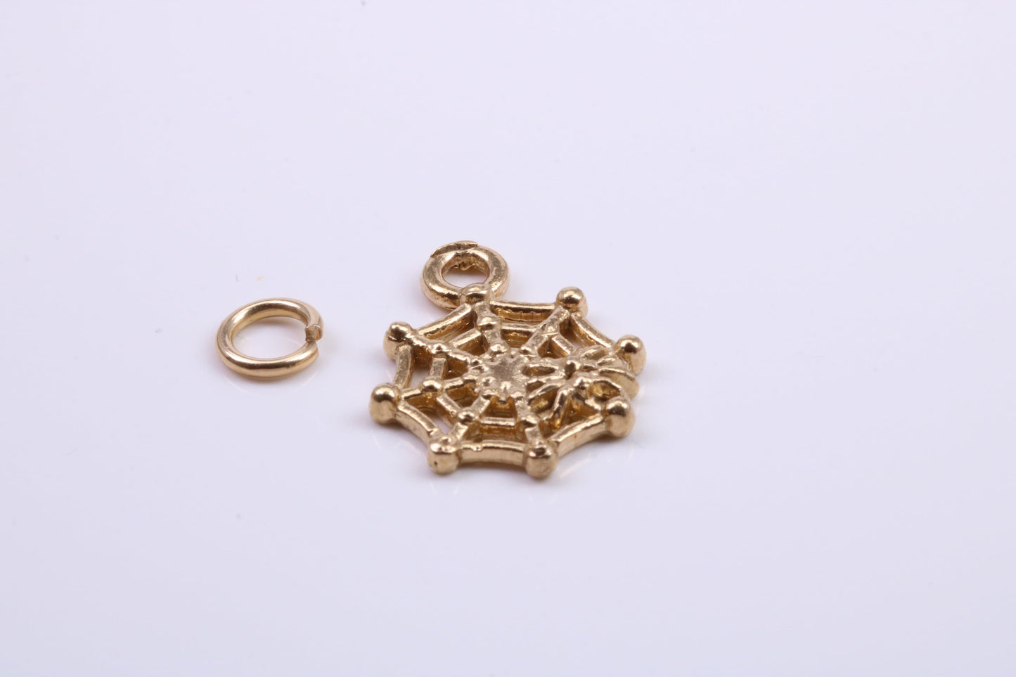 Spider in Web Charm, Traditional Charm, Made from Solid 9ct Yellow Gold, British Hallmarked, Complete with Attachment Link
