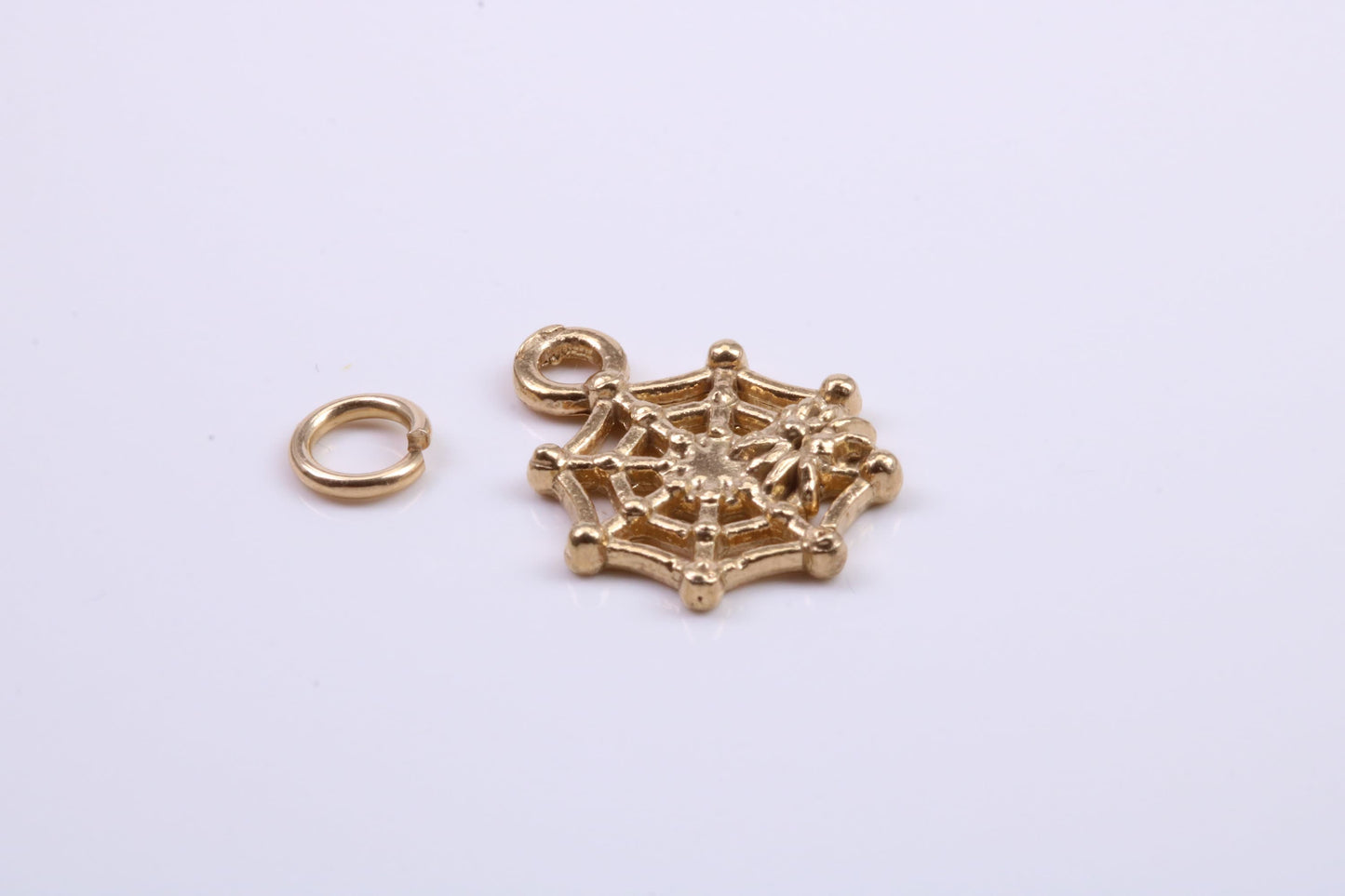 Spider in Web Charm, Traditional Charm, Made from Solid 9ct Yellow Gold, British Hallmarked, Complete with Attachment Link