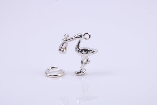 Flying Stork Delivering Baby Charm, Traditional Charm, Made from Solid 925 Grade Sterling Silver, Complete with Attachment Link