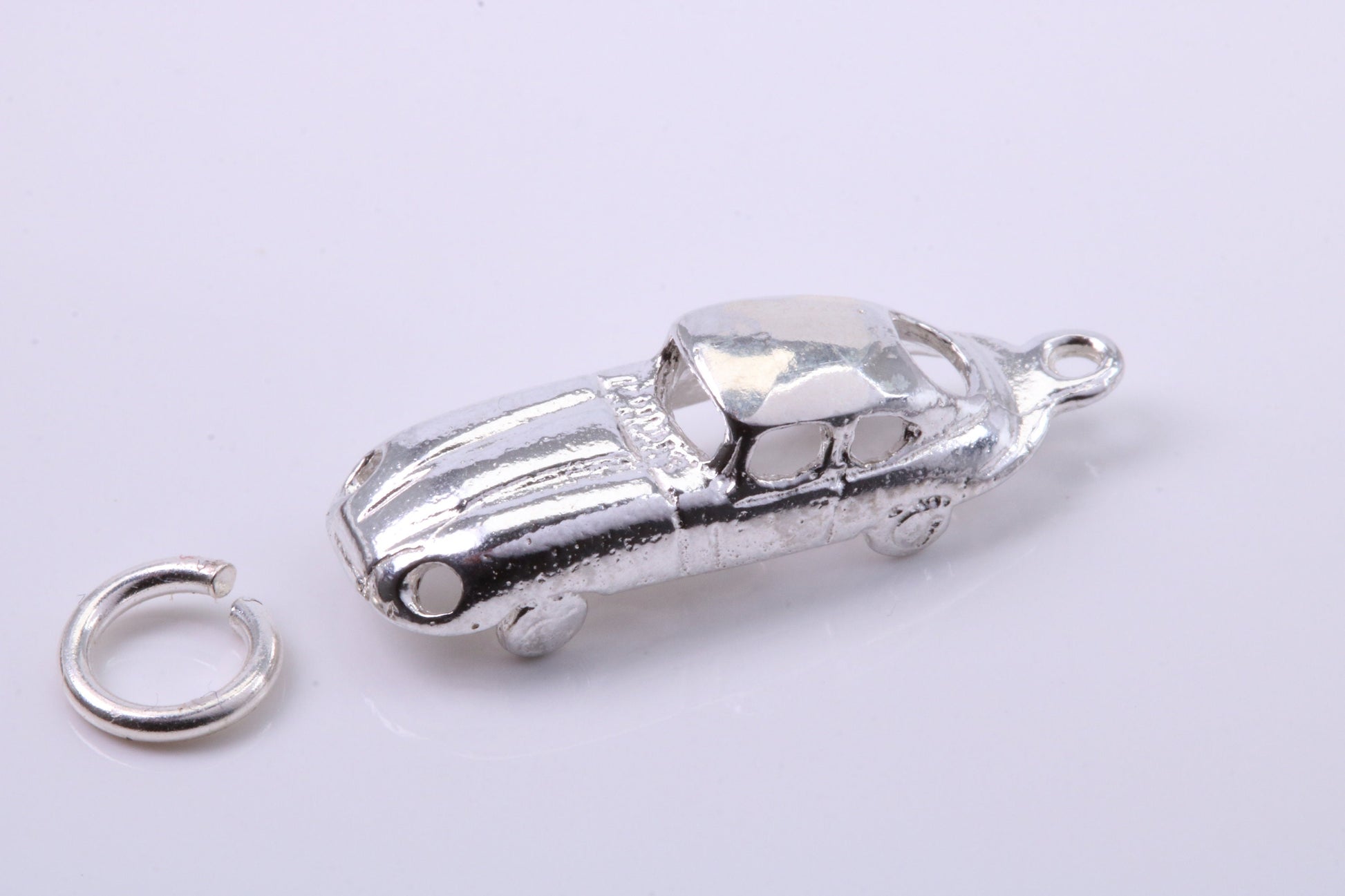 E Type Jaguar Car Charm, Traditional Charm, Made from Solid 925 Grade Sterling Silver, Complete with Attachment Link