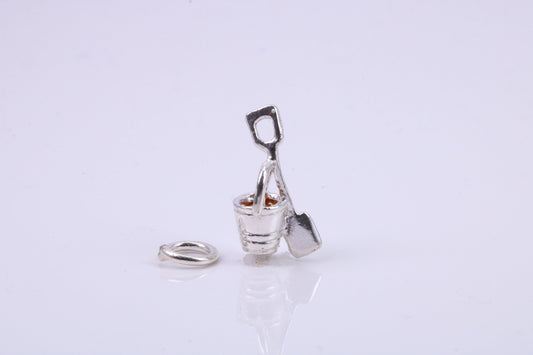 Bucket and Spade Charm, Traditional Charm, Made from Solid 925 Grade Sterling Silver, Complete with Attachment Link