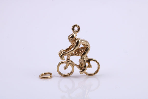 Cyclist Charm, Traditional Charm, Made from Solid 9ct Yellow Gold, British Hallmarked, Complete with Attachment Link
