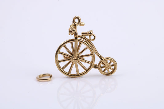 Penny Farthing Charm, Traditional Charm, Made from Solid 9ct Yellow Gold, British Hallmarked, Complete with Attachment Link