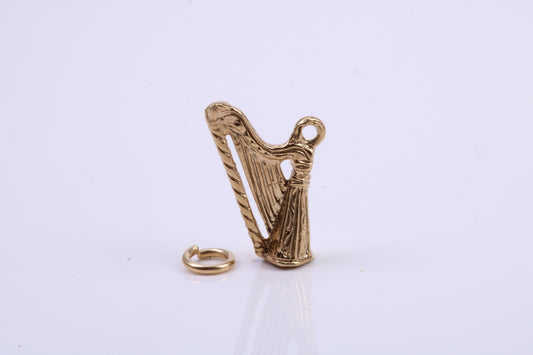 Harp Charm, Traditional Charm, Made from Solid 9ct Yellow Gold, British Hallmarked, Complete with Attachment Link