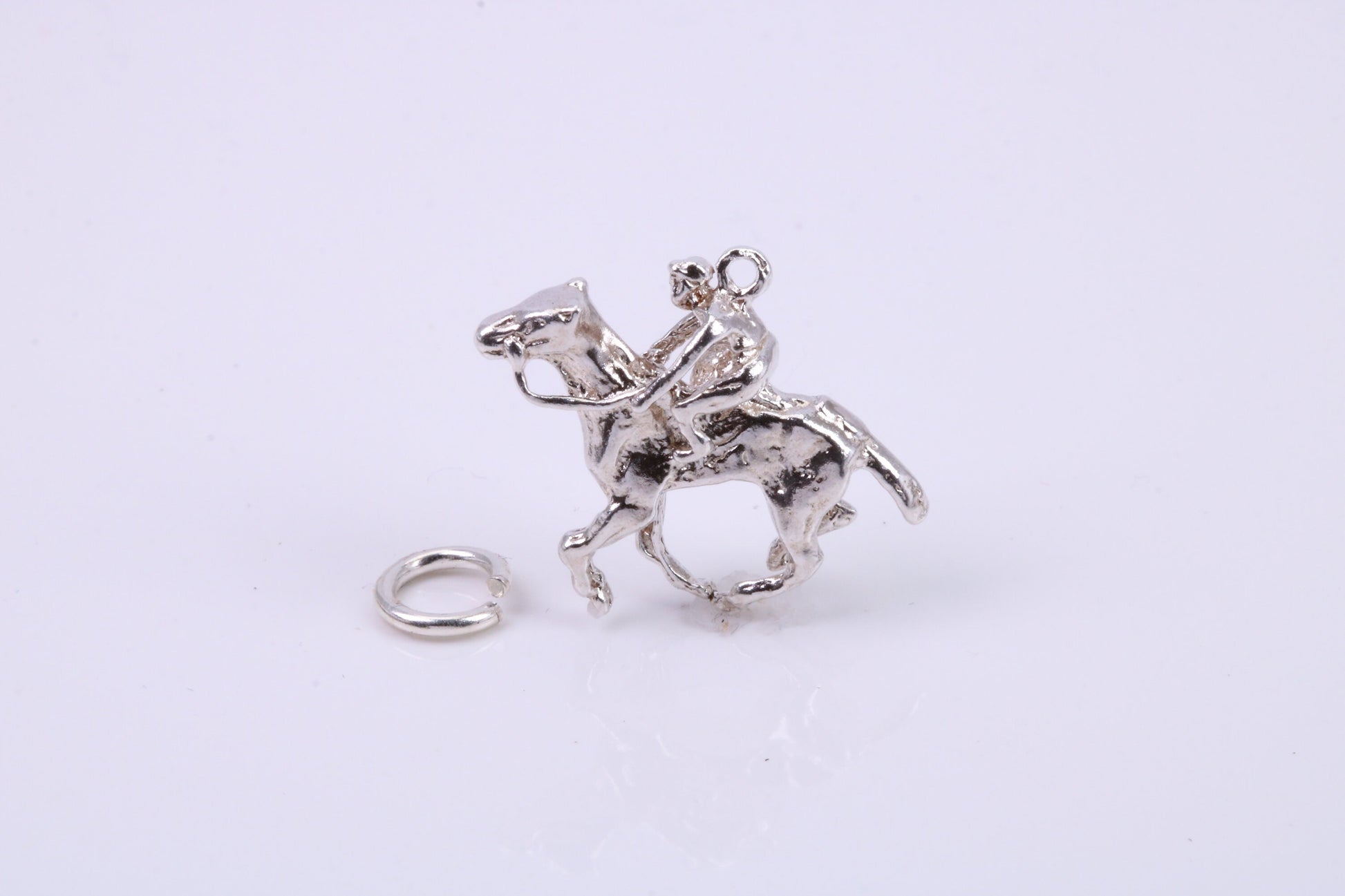 Jockey on Horse Charm, Traditional Charm, Made from Solid 925 Grade Sterling Silver, Complete with Attachment Link
