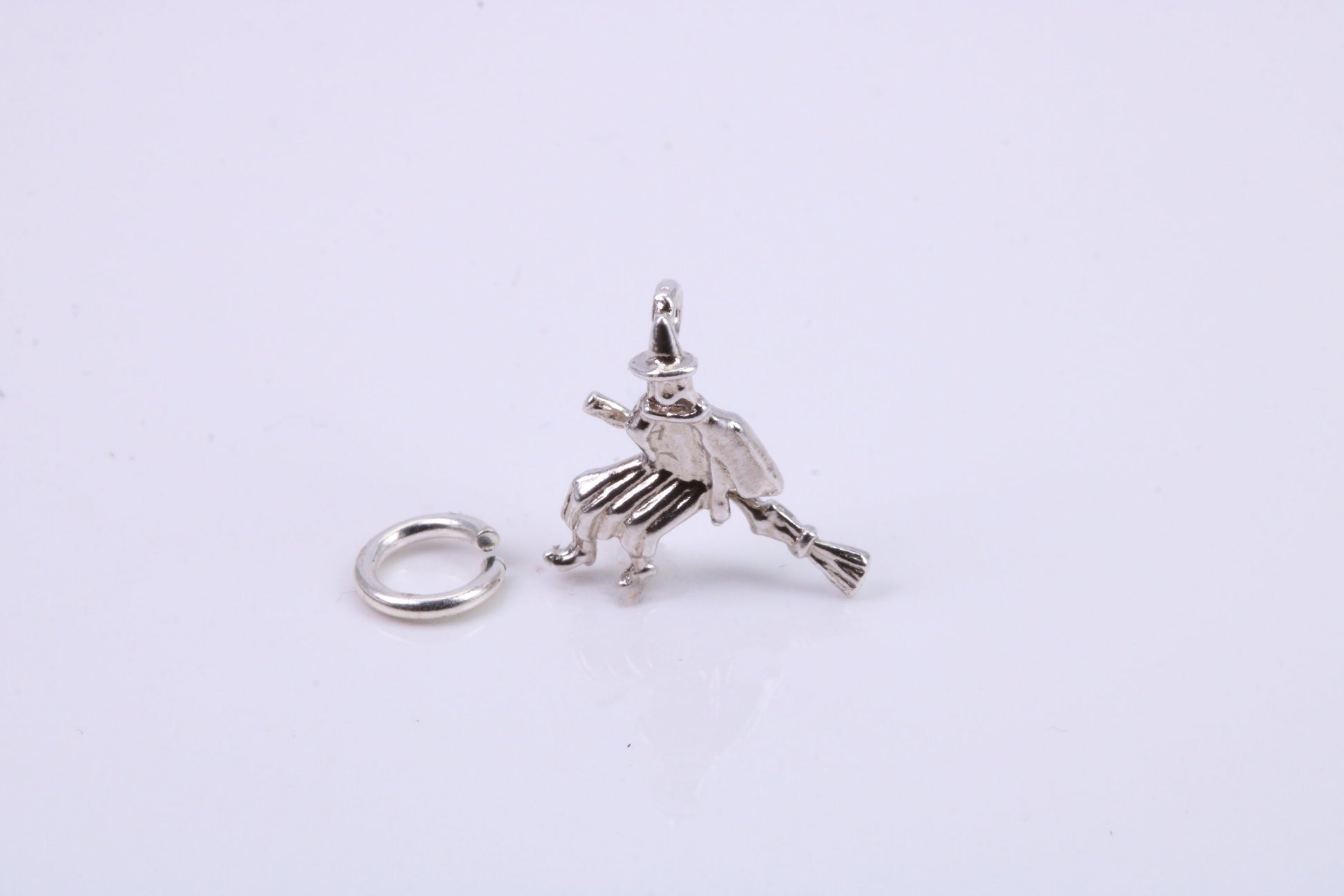 Witch on Broom Stick Charm, Traditional Charm, Made from Solid 925 Grade Sterling Silver, Complete with Attachment Link