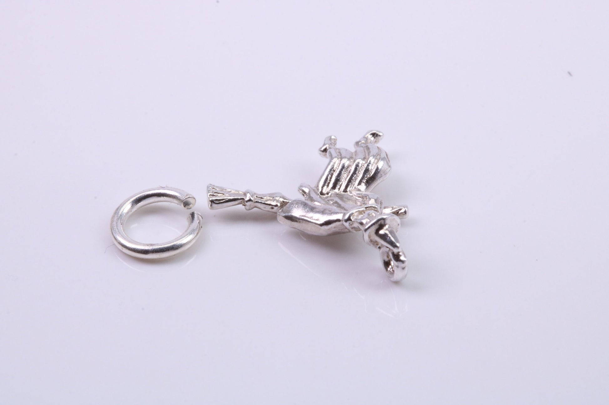 Witch on Broom Stick Charm, Traditional Charm, Made from Solid 925 Grade Sterling Silver, Complete with Attachment Link