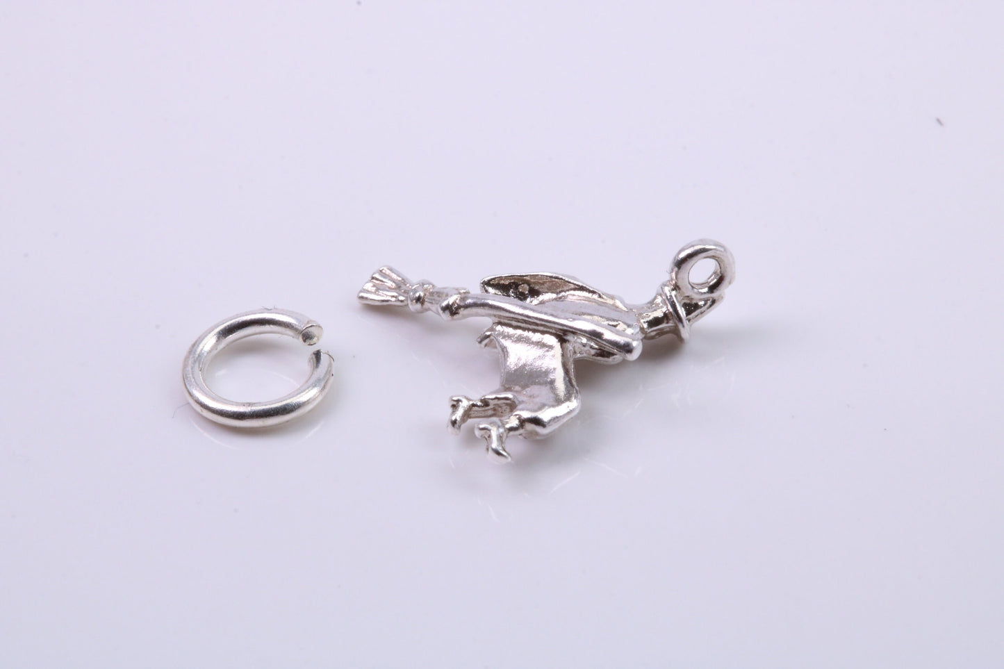 Witch on Broom Stick Charm, Traditional Charm, Made from Solid 925 Grade Sterling Silver, Complete with Attachment Link