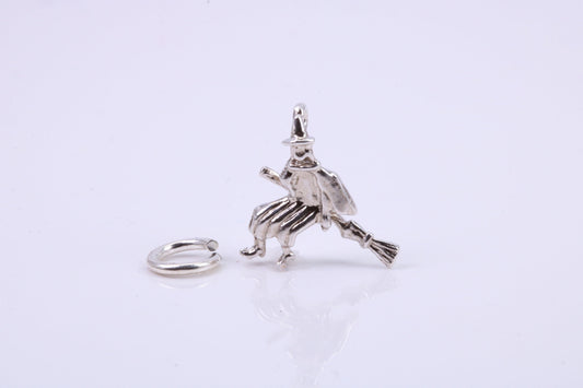 Witch on Broom Stick Charm, Traditional Charm, Made from Solid 925 Grade Sterling Silver, Complete with Attachment Link
