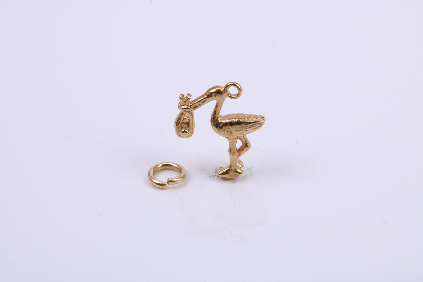 Flying Stork Delivering Baby Charm, Traditional Charm, Made from Solid 9ct Yellow Gold, British Hallmarked, Complete with Attachment Link