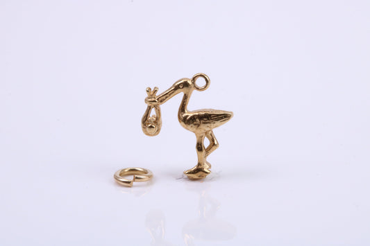 Flying Stork Delivering Baby Charm, Traditional Charm, Made from Solid 9ct Yellow Gold, British Hallmarked, Complete with Attachment Link