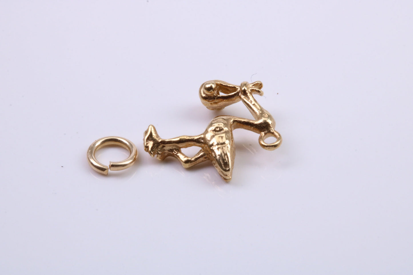 Flying Stork Delivering Baby Charm, Traditional Charm, Made from Solid 9ct Yellow Gold, British Hallmarked, Complete with Attachment Link