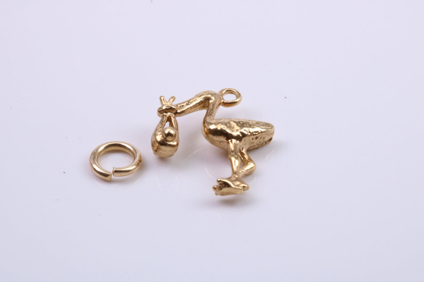 Flying Stork Delivering Baby Charm, Traditional Charm, Made from Solid 9ct Yellow Gold, British Hallmarked, Complete with Attachment Link