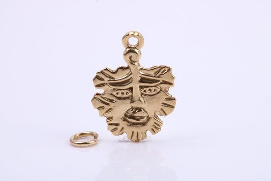 Green Man Charm, Traditional Charm, Made from Solid 9ct Yellow Gold, British Hallmarked, Complete with Attachment Link