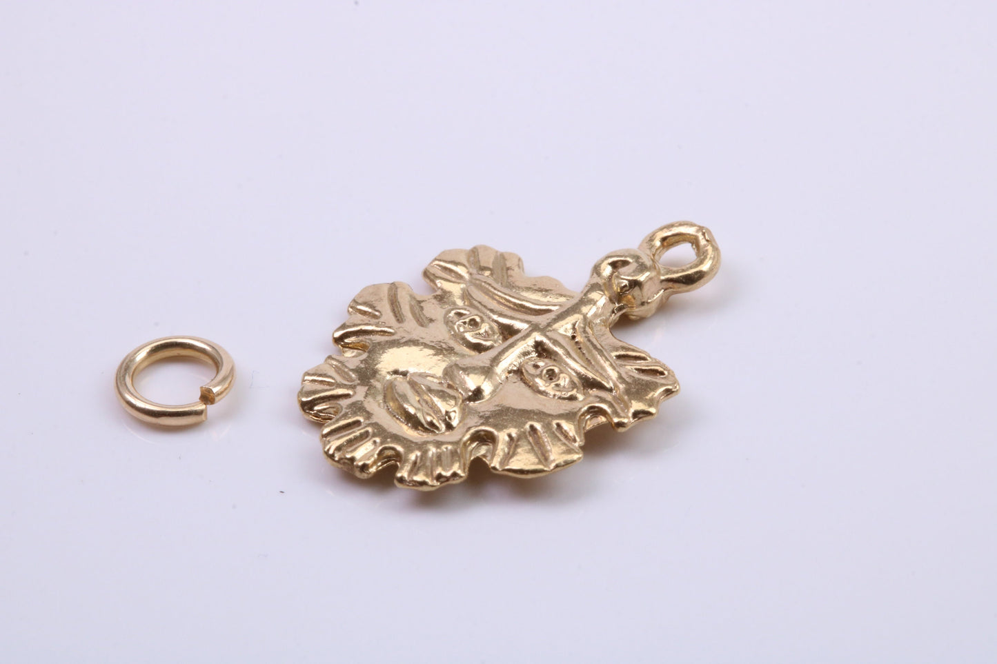 Green Man Charm, Traditional Charm, Made from Solid 9ct Yellow Gold, British Hallmarked, Complete with Attachment Link