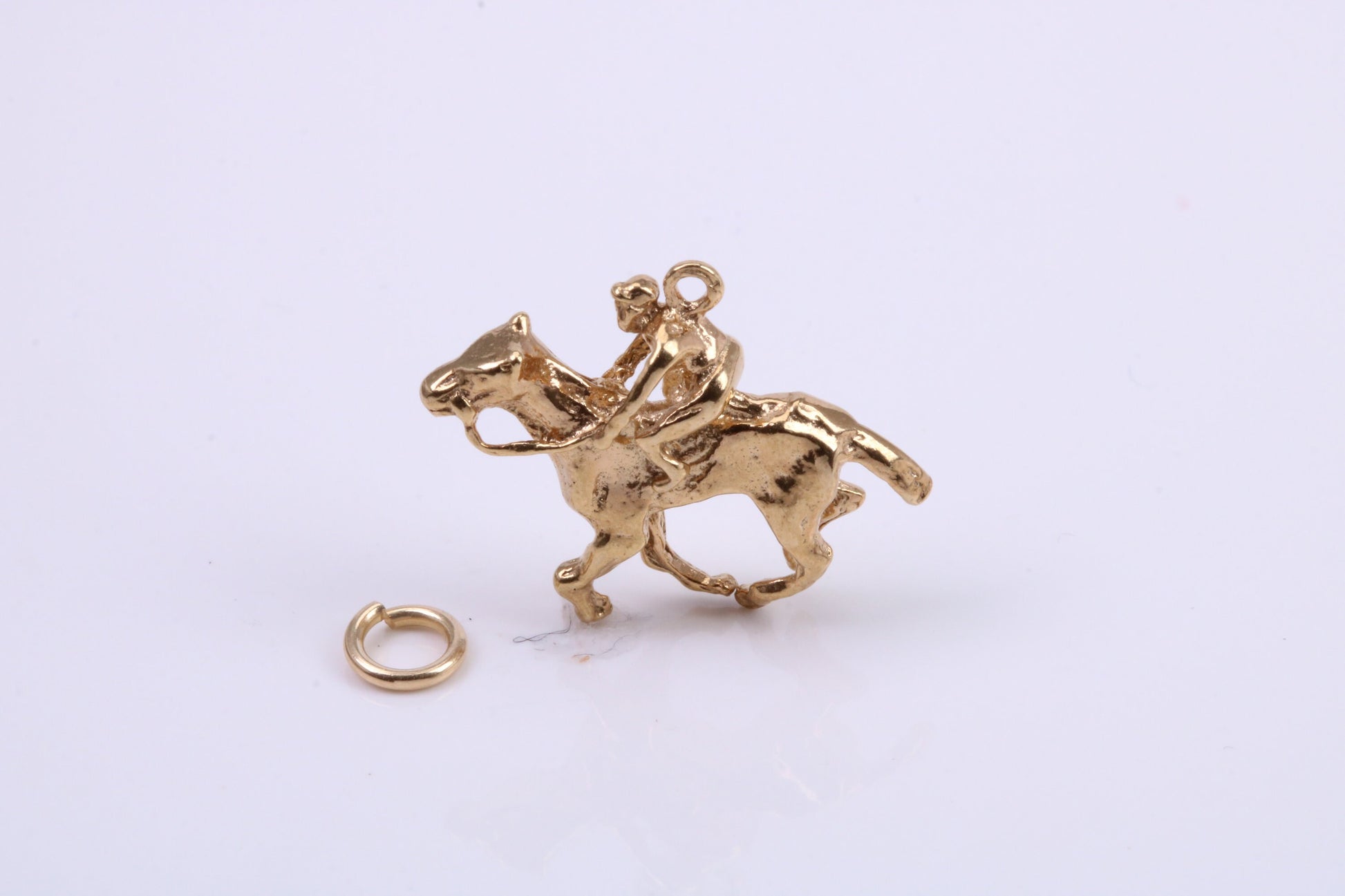 Jockey on Horse Charm, Traditional Charm, Made from Solid 9ct Yellow Gold, British Hallmarked, Complete with Attachment Link