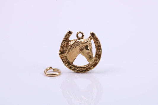 Good Luck Horse Head Shoe Charm, Traditional Charm, Made from Solid 9ct Yellow Gold, British Hallmarked, Complete with Attachment Link