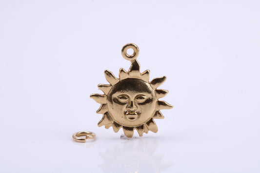 Sun Charm, Traditional Charm, Made from Solid 9ct Yellow Gold, British Hallmarked, Complete with Attachment Link