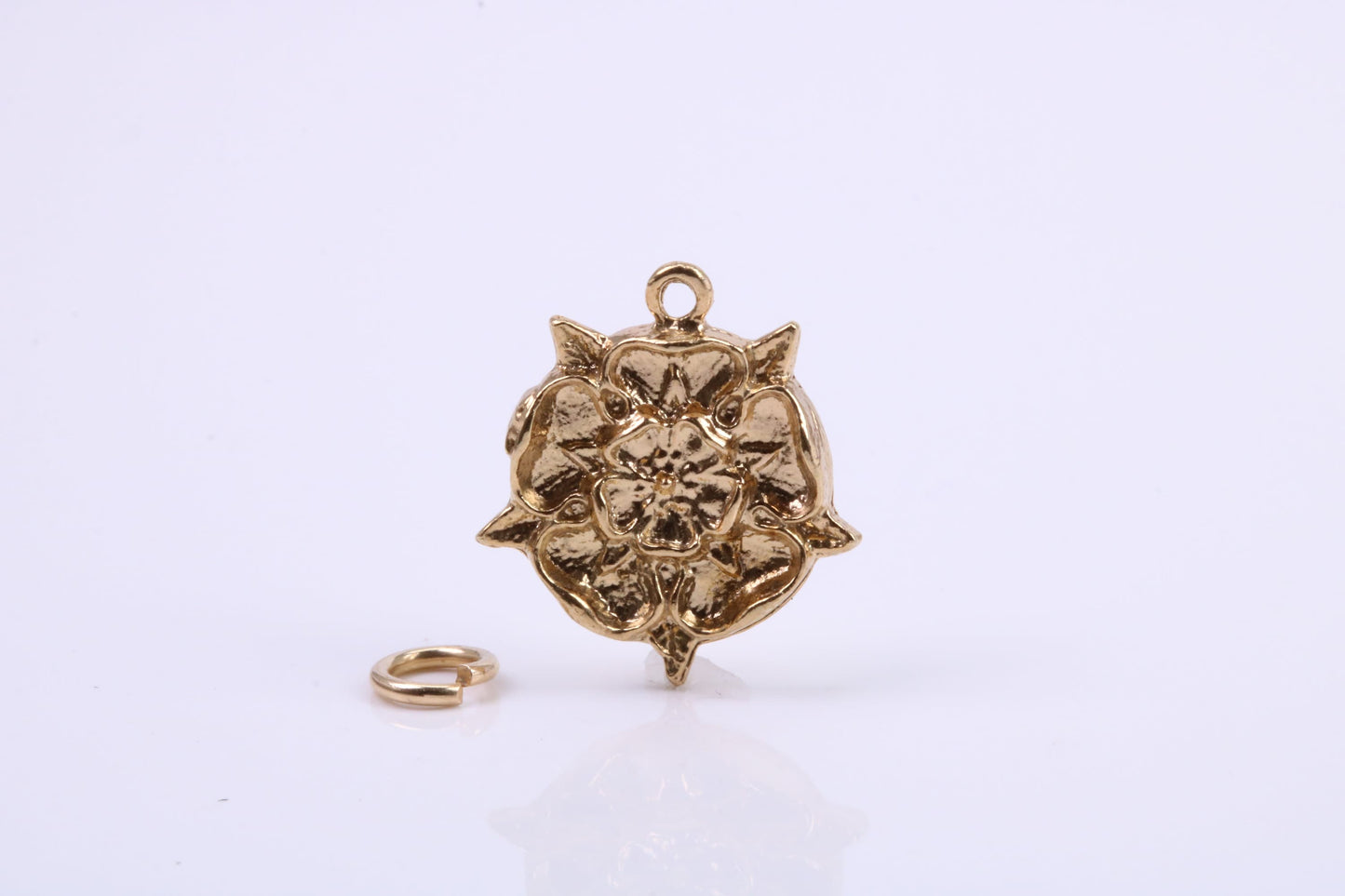 Tudor Rose Charm, Traditional Charm, Made from Solid 9ct Yellow Gold, British Hallmarked, Complete with Attachment Link