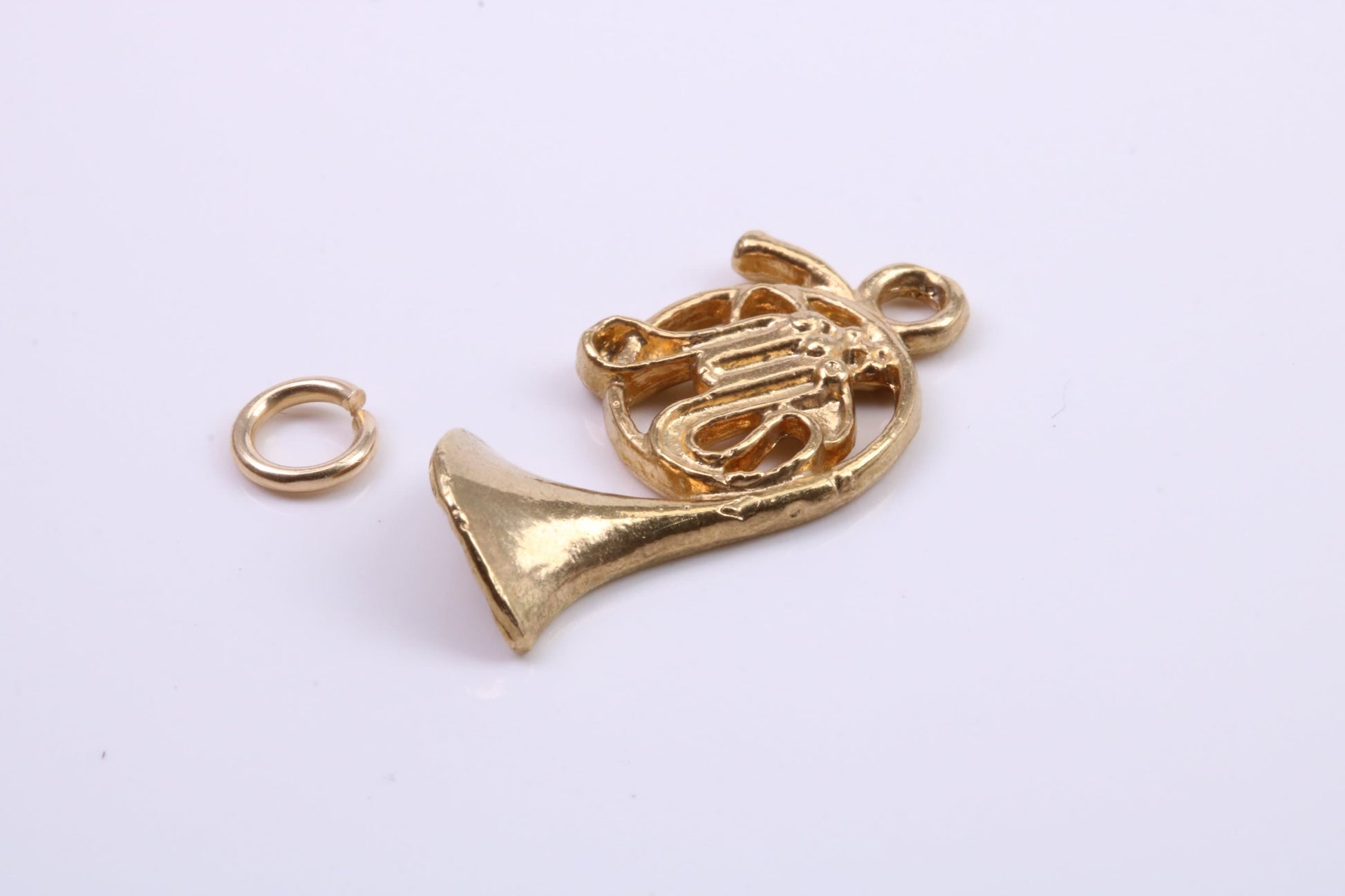 French Horn Charm, Traditional Charm, Made from Solid 9ct Yellow Gold, British Hallmarked, Complete with Attachment Link