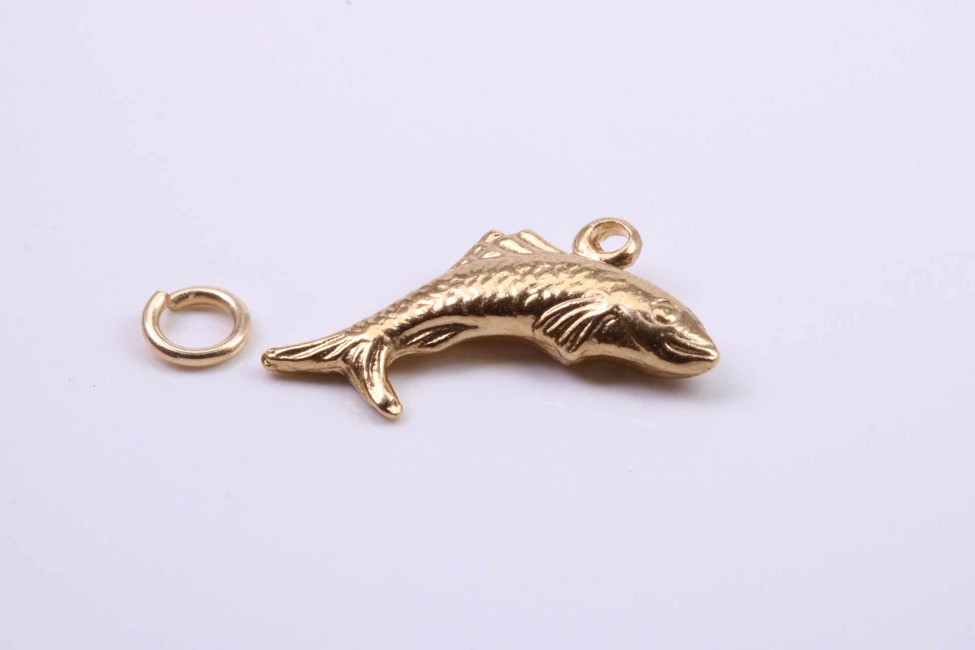 Salmon Fish Charm, Traditional Charm, Made from Solid 9ct Yellow Gold, British Hallmarked, Complete with Attachment Link