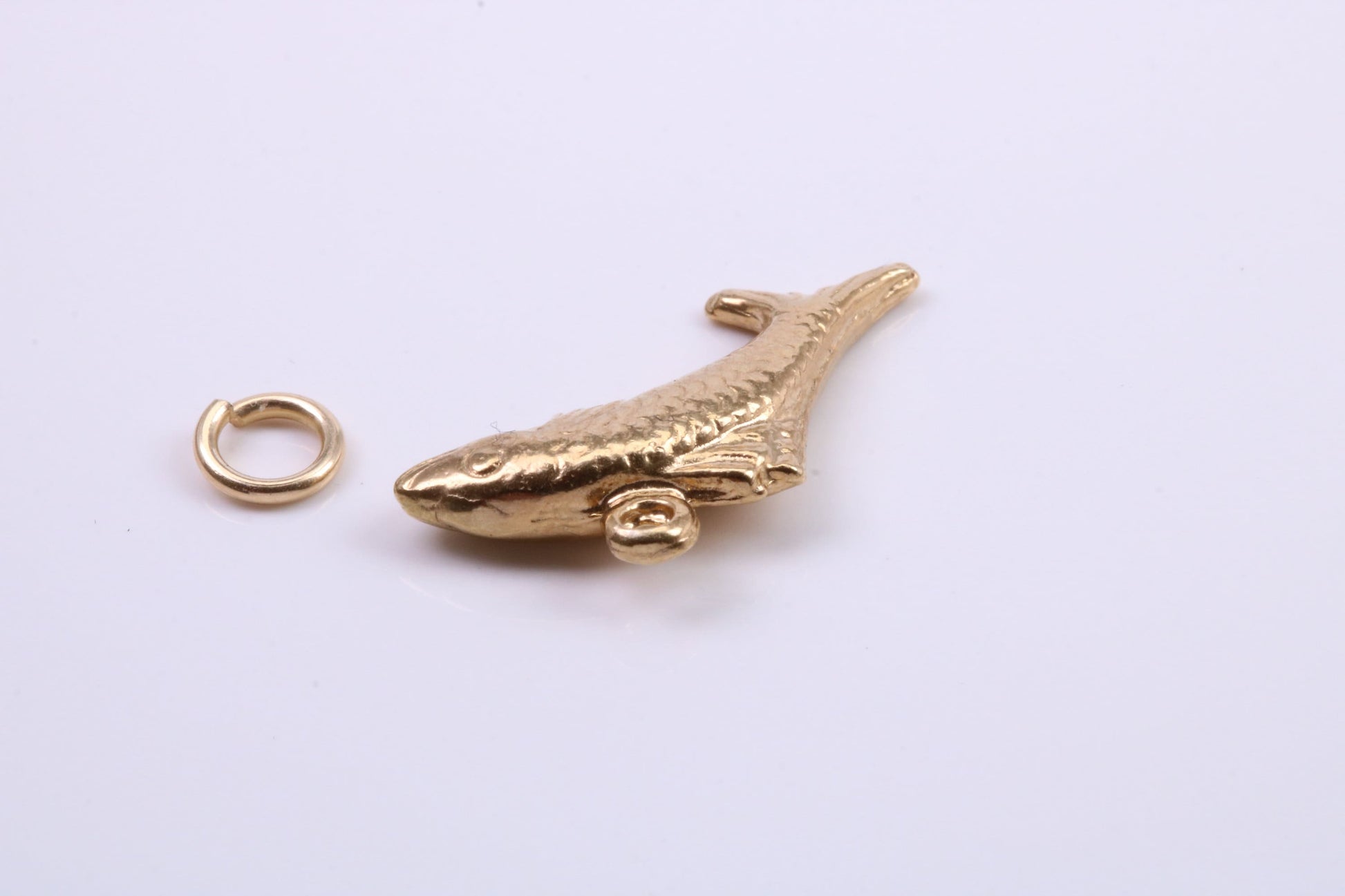 Salmon Fish Charm, Traditional Charm, Made from Solid 9ct Yellow Gold, British Hallmarked, Complete with Attachment Link