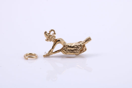 Witch on Broom Stick Charm, Traditional Charm, Made from Solid 9ct Yellow Gold, British Hallmarked, Complete with Attachment Link