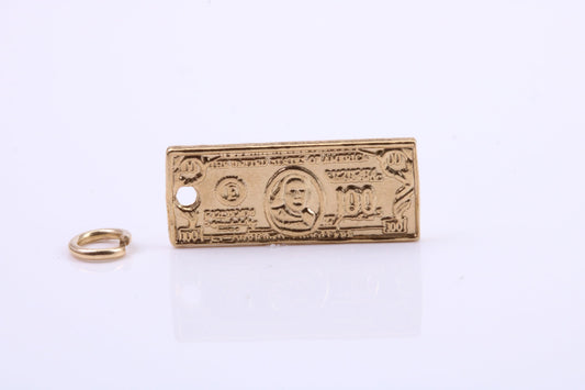 100 Dollar Bill Charm, Traditional Charm, Made from Solid 9ct Yellow Gold, British Hallmarked, Complete with Attachment Link