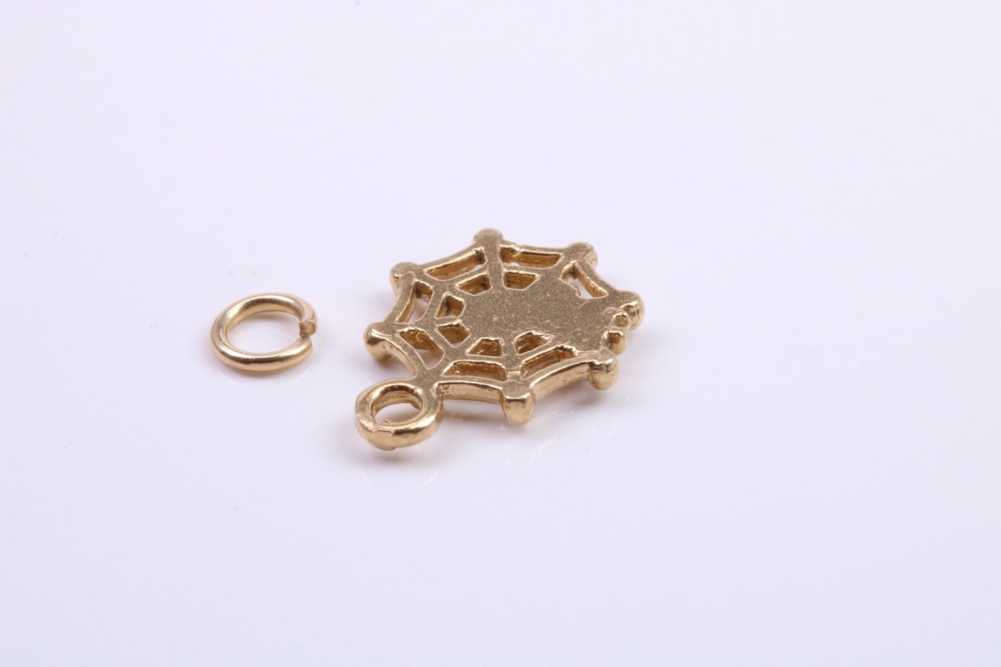 Spider in Web Charm, Traditional Charm, Made from Solid 9ct Yellow Gold, British Hallmarked, Complete with Attachment Link