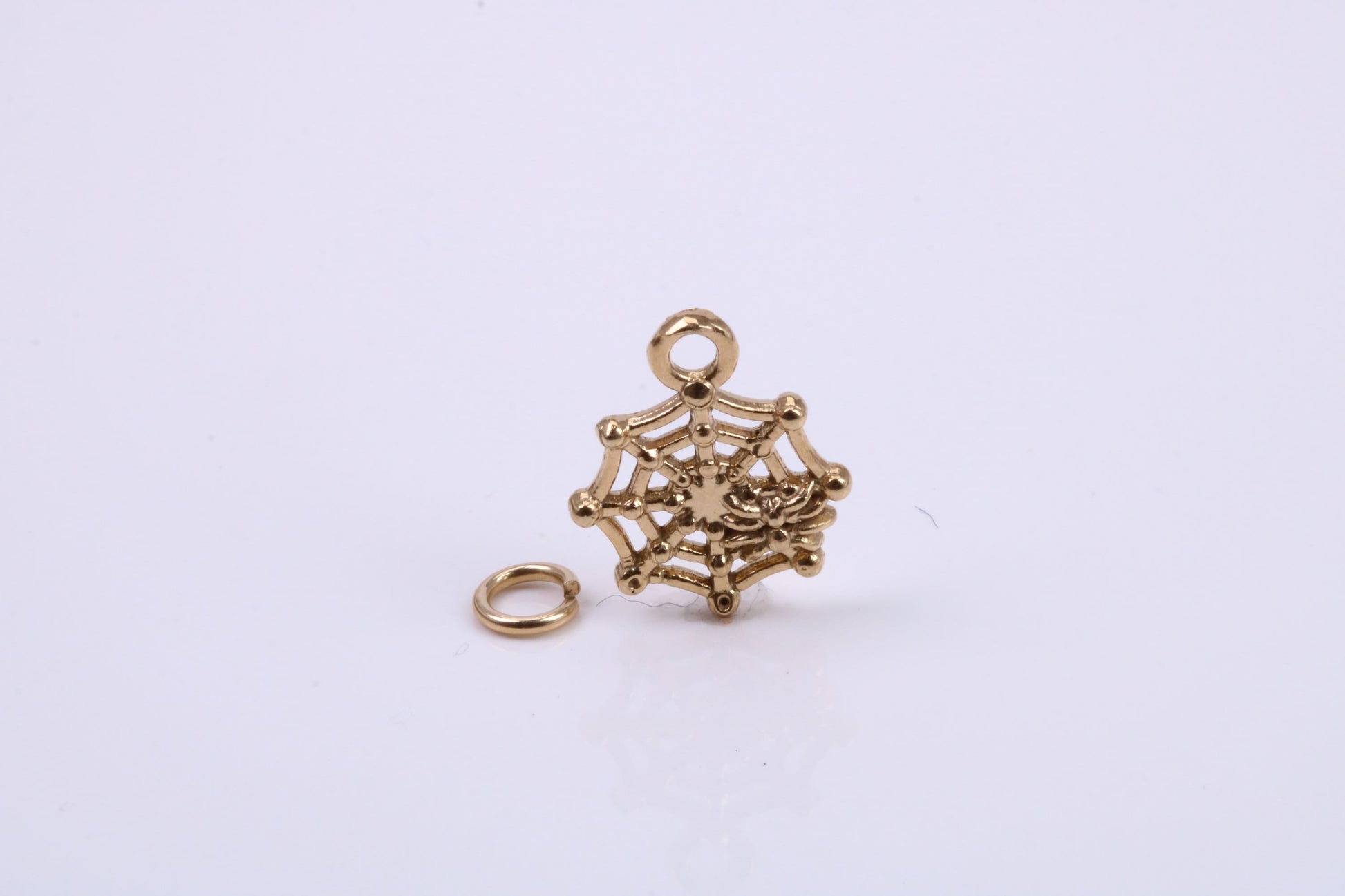 Spider in Web Charm, Traditional Charm, Made from Solid 9ct Yellow Gold, British Hallmarked, Complete with Attachment Link