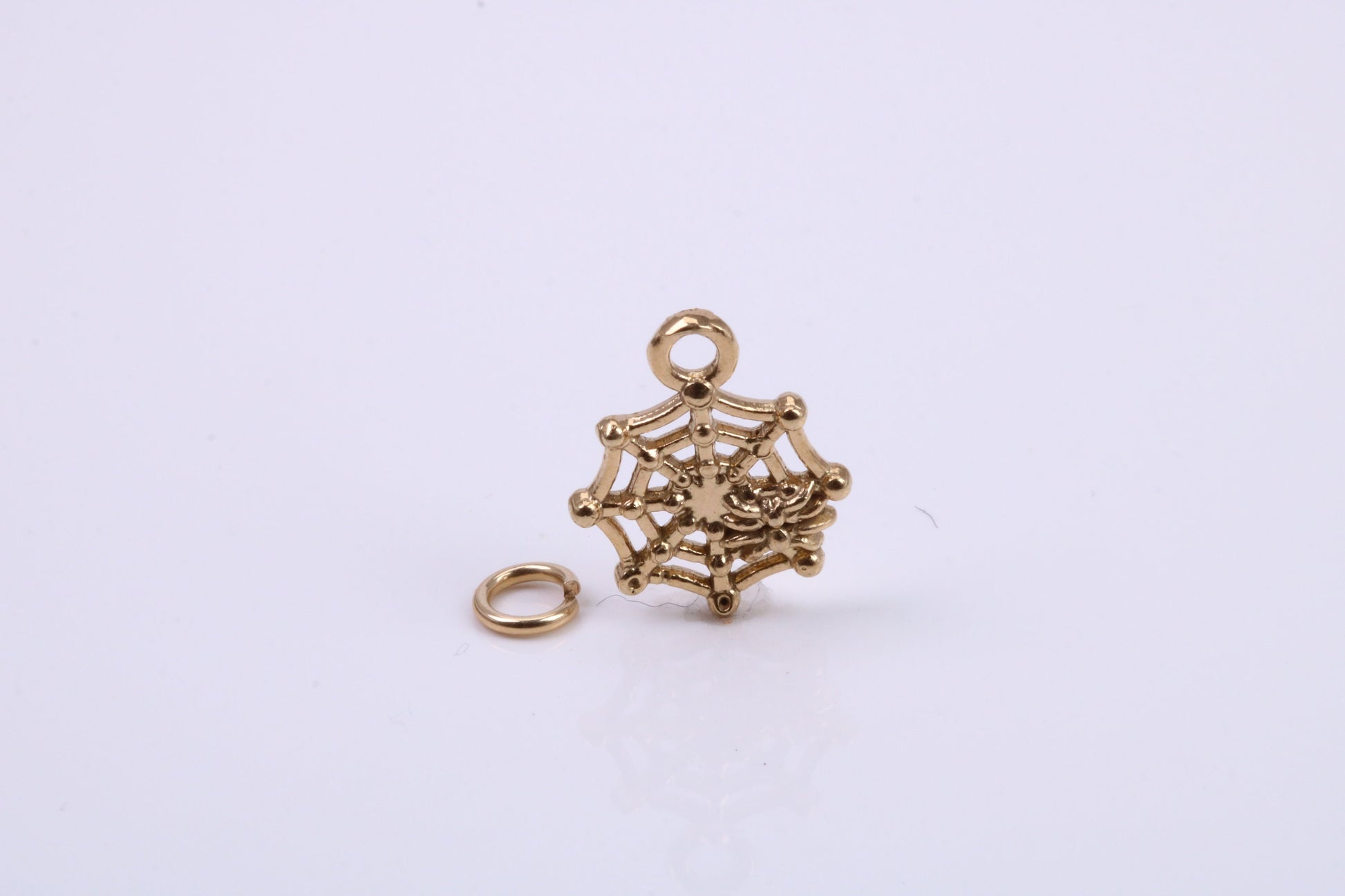 Spider in Web Charm, Traditional Charm, Made from Solid 9ct Yellow Gold, British Hallmarked, Complete with Attachment Link