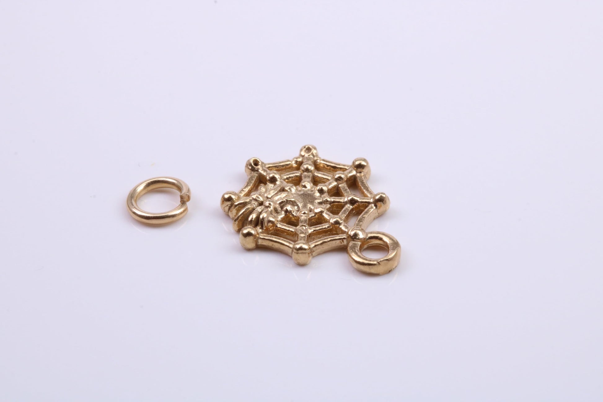 Spider in Web Charm, Traditional Charm, Made from Solid 9ct Yellow Gold, British Hallmarked, Complete with Attachment Link