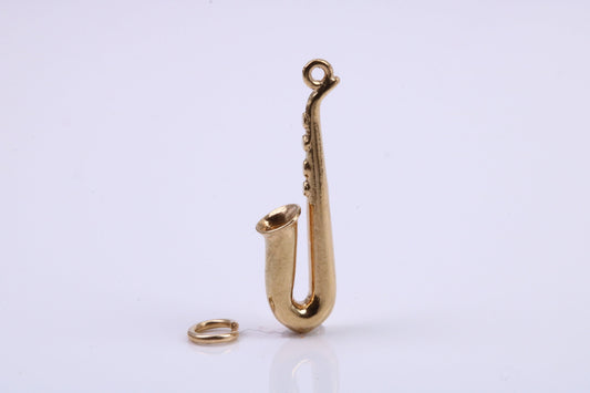 Saxophone Charm, Traditional Charm, Made from Solid 9ct Yellow Gold, British Hallmarked, Complete with Attachment Link