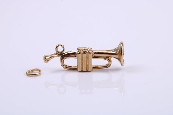 Trumpet Charm, Traditional Charm, Made from Solid 9ct Yellow Gold, British Hallmarked, Complete with Attachment Link