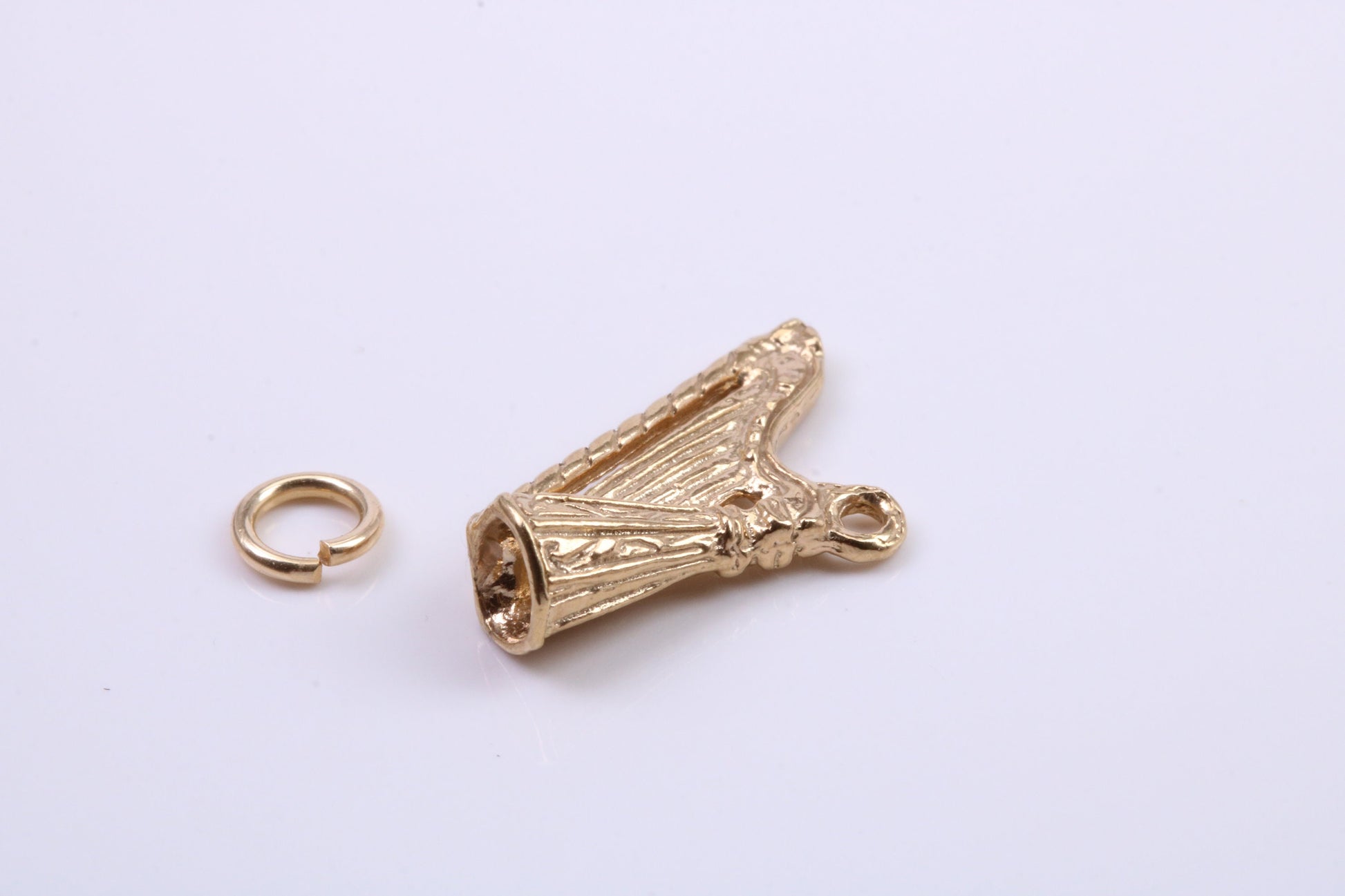 Harp Charm, Traditional Charm, Made from Solid 9ct Yellow Gold, British Hallmarked, Complete with Attachment Link
