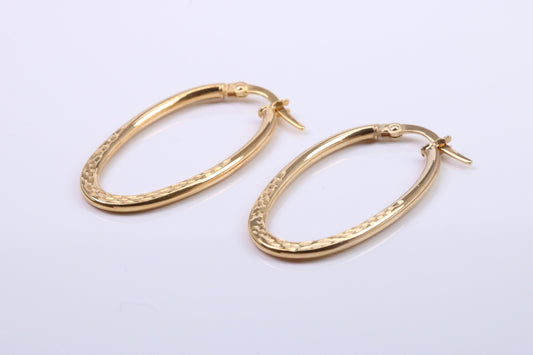 31 mm Long Hoop Creole Earrings Made from 9ct Yellow Gold, Diamond cut Patterned