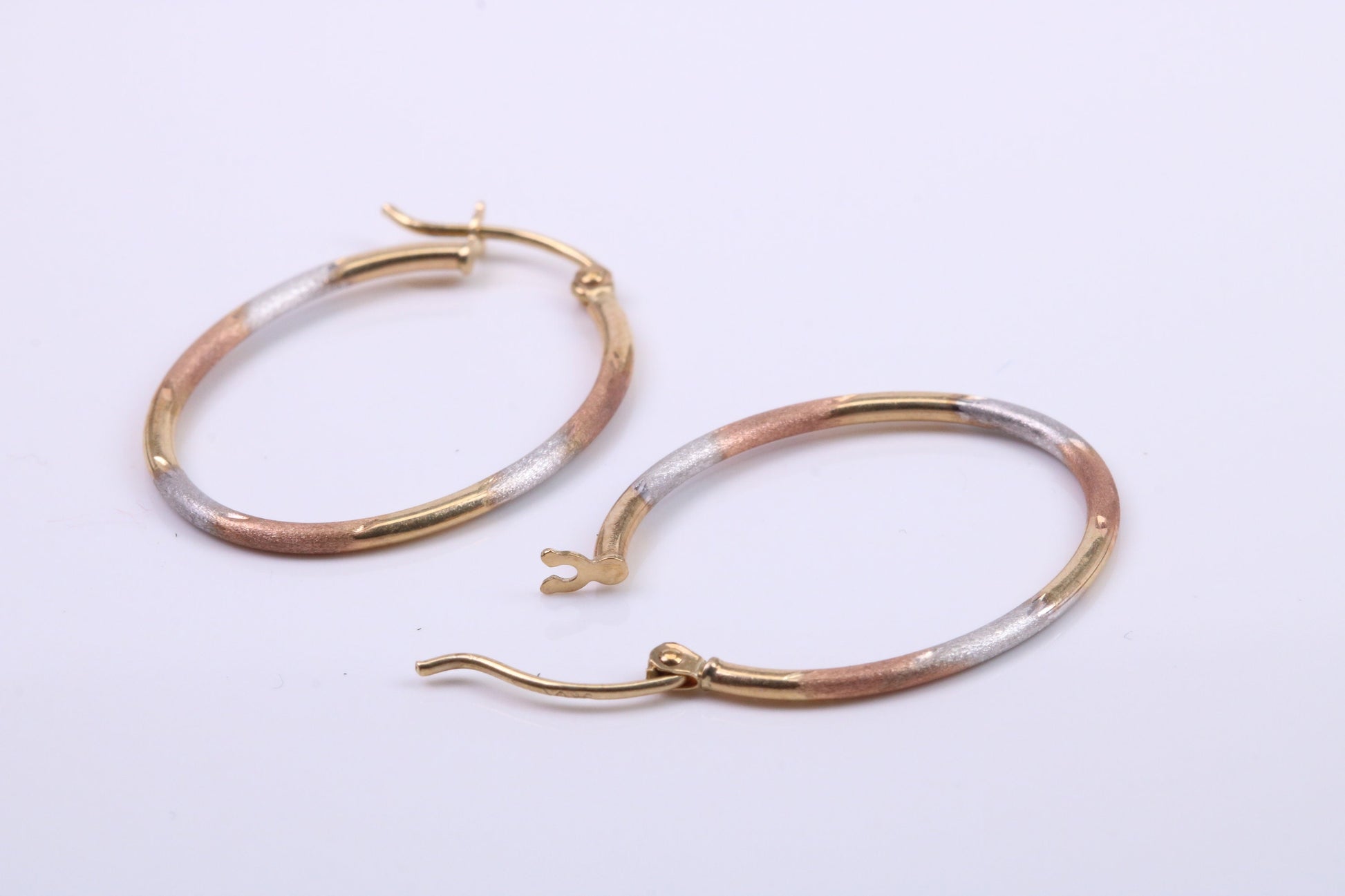 26 mm Long Hoop Creole Earrings Made from 9ct Yellow Gold, Three Colour Gold