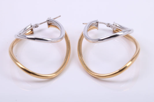 Large 41 mm Long Two Colour Hoop Creole Earrings Made from 9ct Yellow and White Gold, British Hallmarked