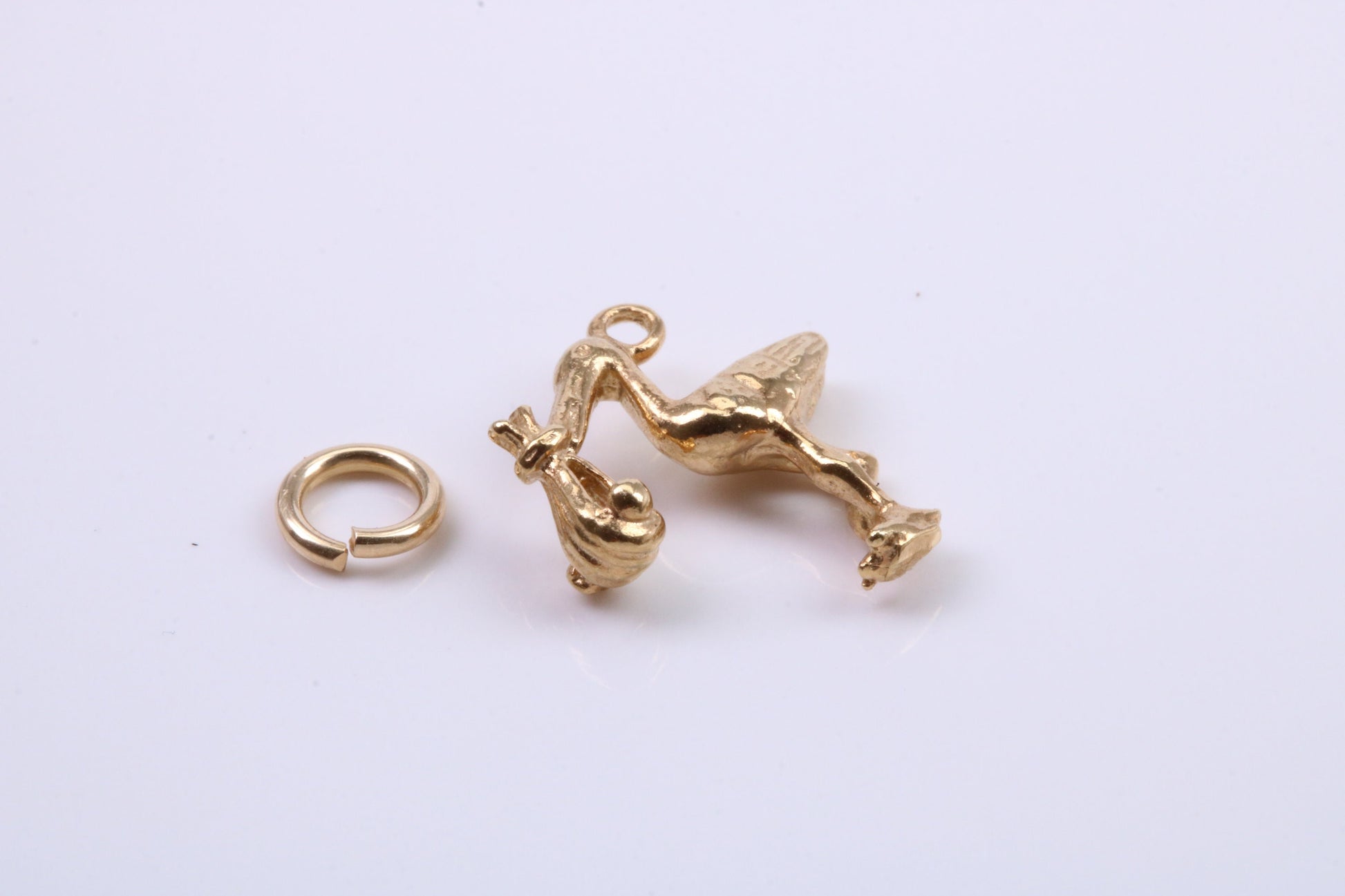 Flying Stork Delivering Baby Charm, Traditional Charm, Made from Solid 9ct Yellow Gold, British Hallmarked, Complete with Attachment Link