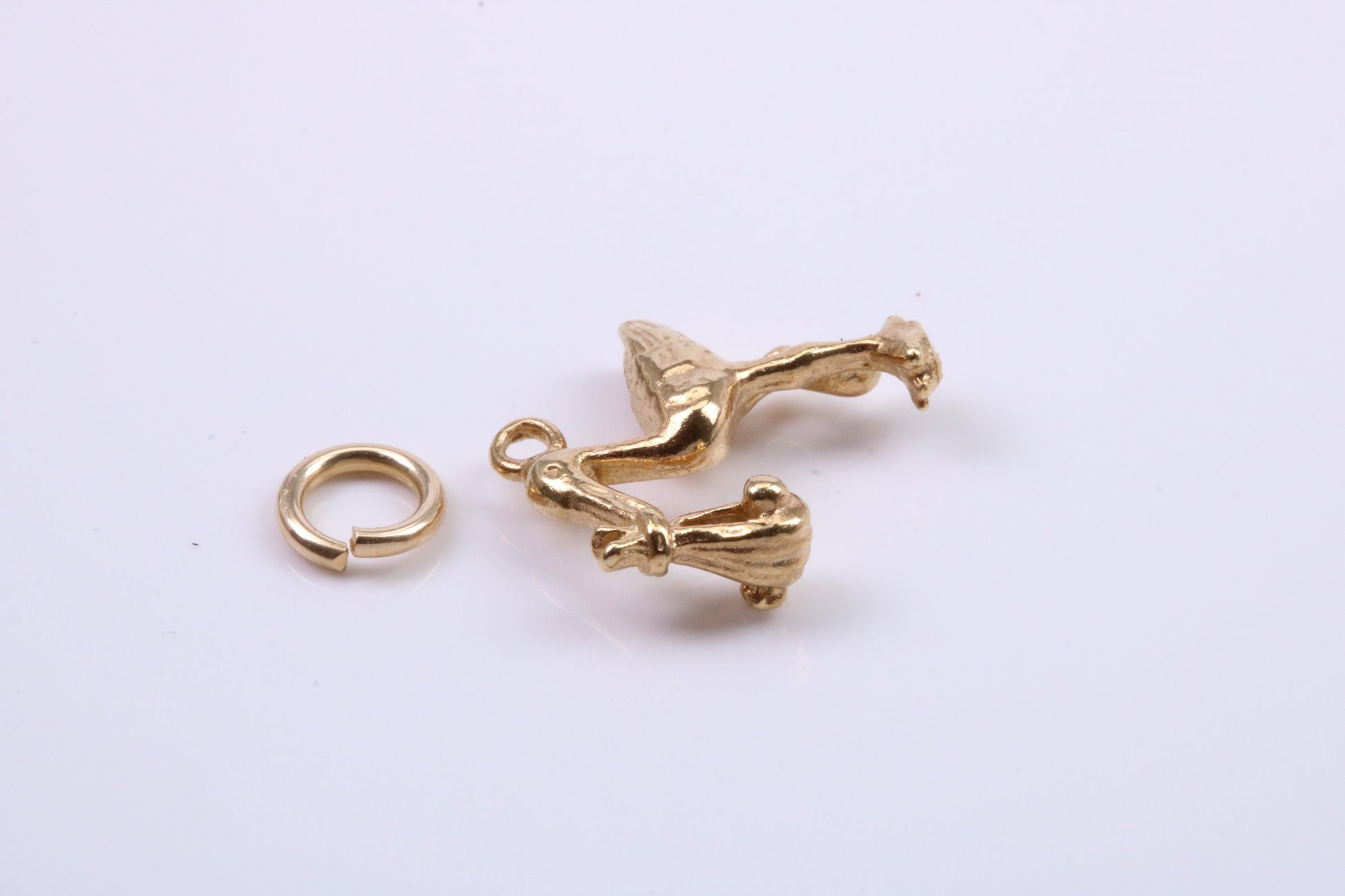 Flying Stork Delivering Baby Charm, Traditional Charm, Made from Solid 9ct Yellow Gold, British Hallmarked, Complete with Attachment Link