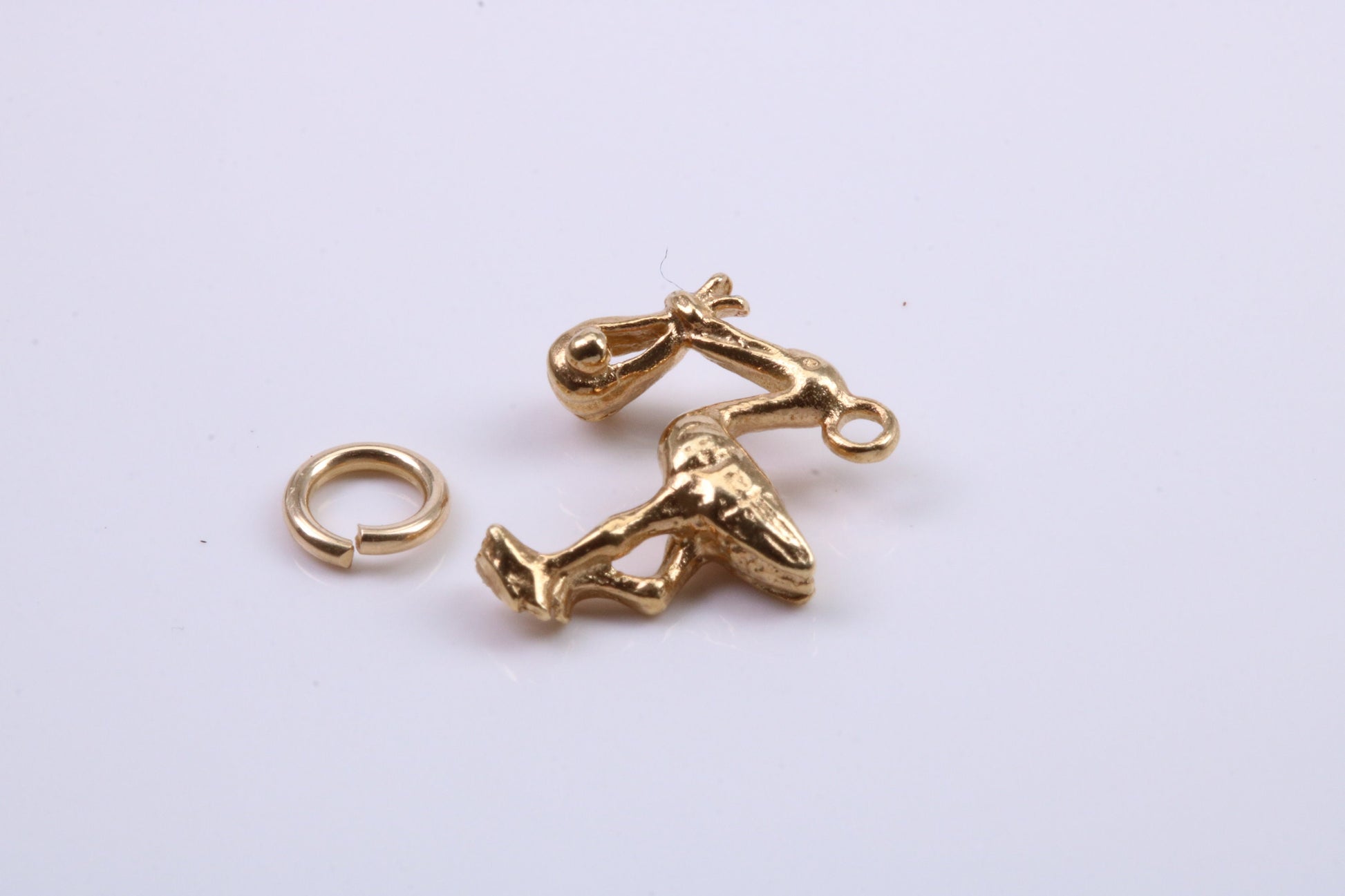 Flying Stork Delivering Baby Charm, Traditional Charm, Made from Solid 9ct Yellow Gold, British Hallmarked, Complete with Attachment Link